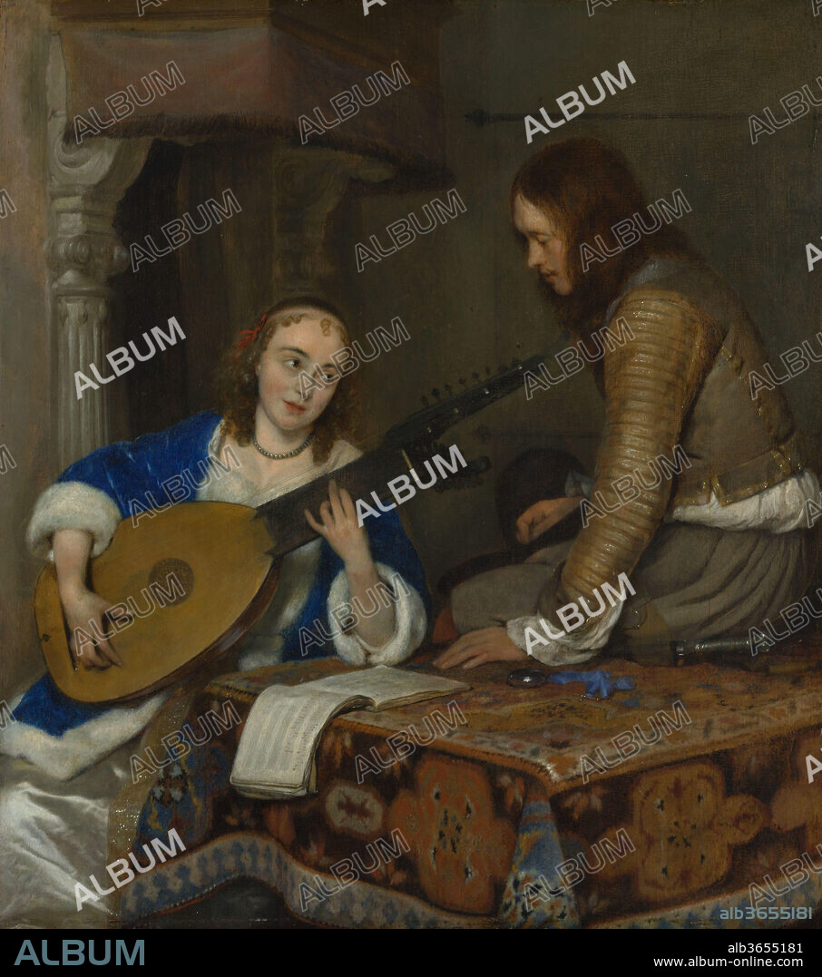 A Woman Playing the Theorbo-Lute and a Cavalier. Artist: Gerard ter Borch the Younger (Dutch, Zwolle 1617-1681 Deventer). Dimensions: 14 1/2 x 12 3/4 in. (36.8 x 32.4 cm). Date: ca. 1658.
Ter Borch was an astute observer of social behavior as well as the physical environment. In this intimate courtship scene, fine fabrics, silver objects, wood, paper, light, and shadows all reveal their distinctive qualities. The woman strums a theorbo and the man appears to sing, a duet that resonates with the heartstrings. The watch quietly recommends temperance.