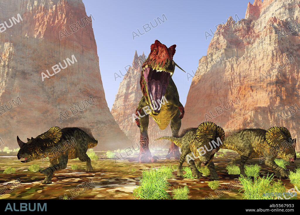 Several Brachyceratops dinosaurs run for their lives when a Giganotosaurus comes after them.