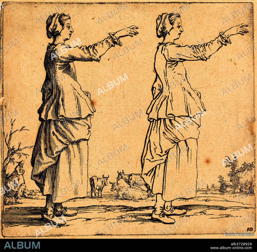 JACQUES CALLOT. Peasant Woman, in Profile, Facing Right,  with Arm Extended. Dated: 1617 and 1621. Medium: etching.
