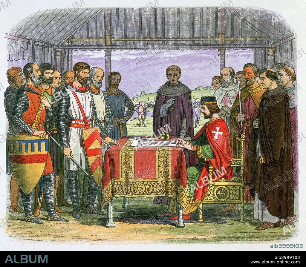 Illustration of King John (24 December 1166 - 18/19 October 1216) signing the Magna Carta, with Archbishop Stephen Langton and the Barons in 1215 AD, from a Chronicle of England by James Doyle, printed by Edmund Evans, 19th century.