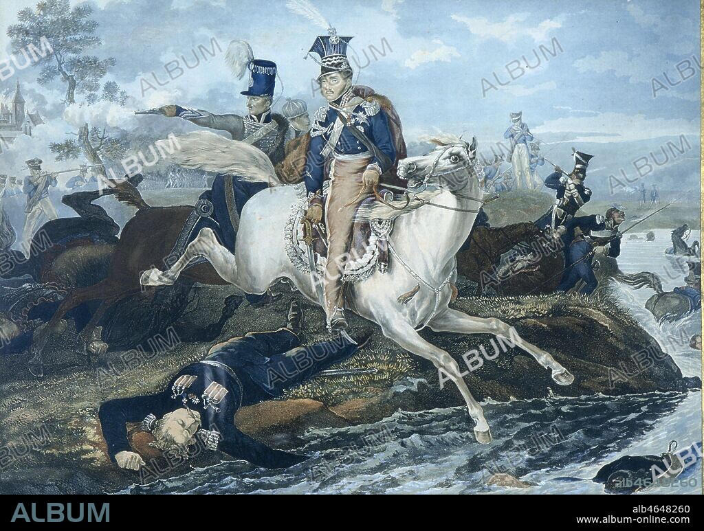 Peinture du 19eme siecle representant la mort du General polonais Joseph PONIATOWSKI (1763-1813) (a cheval). Charge de couvrir la retraite de l'empereur Napoleon apres la defaite de Leipzig lors de la campagne de Russie, il se noya en traversant l' Elster en Allemagne orientale. Credit : Coll. Foras/KHARBINE-TAPABOR.