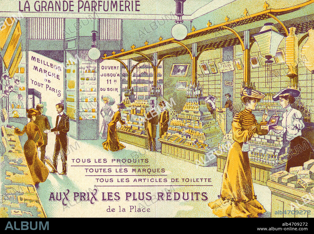 Carte publicitaire vers 1900 pour le magasin 'La grande parfumerie' 7 Boulevard Poisonniere a Paris. Illustration anonyme. Credit : Collection IM/KHARBINE-TAPABOR.