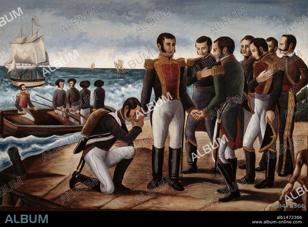 ITURBIDE, Agustin de (Valladolid, 1783-Padilla, 1824). Mexican military and politician. Proclaimed emperor on May 19, 1822 and crowned with the name of AGUSTIN I in July of the same year. "ITURBIDE LEAVES FOR EXILE FROM THE PORT OF LA ANTIGUA ON 5.11.1823" after presenting his abdication before Congress. Oil author ANONYMOUS. Nacional History Museum. Mexico DF. Mexico.