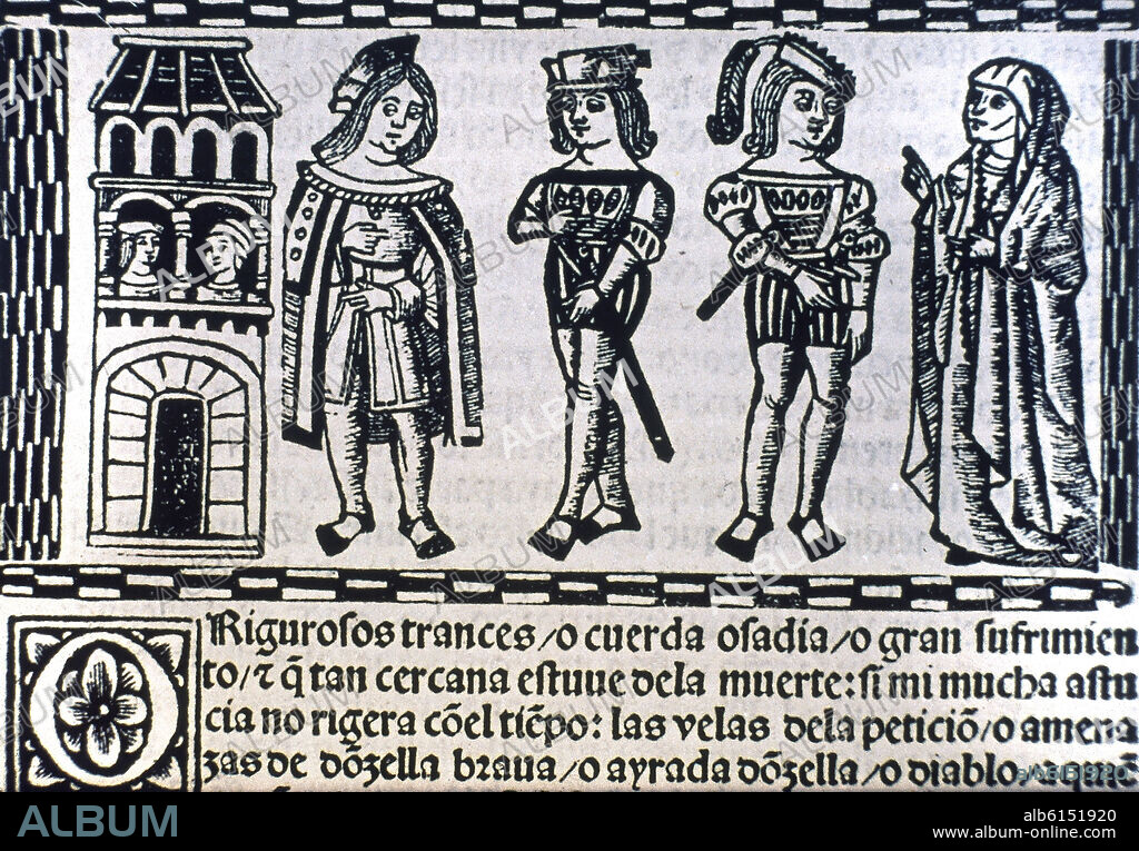 FERNANDO DE ROJAS (1470-1541). LA CELESTINA-EDICION VALENCIA 1514-GRABADO DE CALISTO PARMENO SEMPRONIO Y CELESTINA.