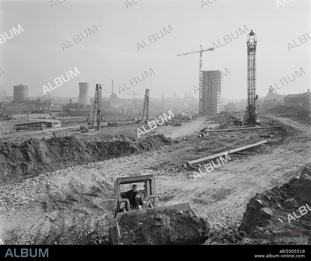 JOHN LAING PLC. Lancashire Hill, Stockport, 08/03/1968. A general view across a Laing construction site at Lancashire Hill, showing the excavation of the site prior to the erection of a 12M Jespersen scheme. Laing's Manchester Region had contracts to build 1200 homes for the County Borough of Stockport. At Lancashire Hill, they had previously built two 22-storey blocks of flats using Storiform, providing 198 homes, and the construction site shown in this photo was where six linked blocks of four to eight storeys were to be built using Laing's 12M Jespersen system.