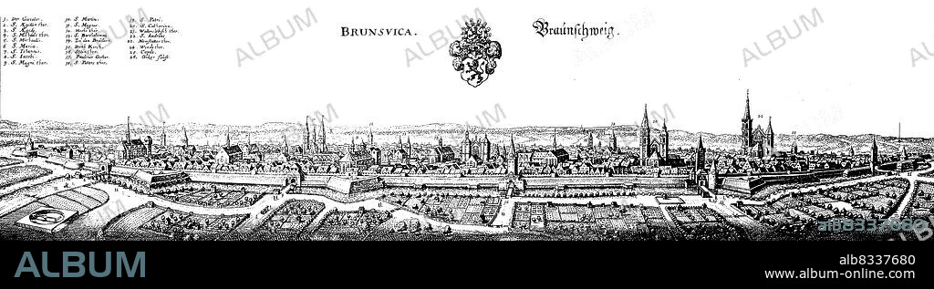 Braunschweig im Mittelalter, Niedersachsen, Deutschland / Brunswick in the Middle Ages, Lower Saxony, Germany, historical, digital improved reproduction of an original from the 18th century / digital restaurierte Reproduktion einer Originalvorlage aus dem 18. Jahrhundert, genaues Originaldatum nicht bekannt.