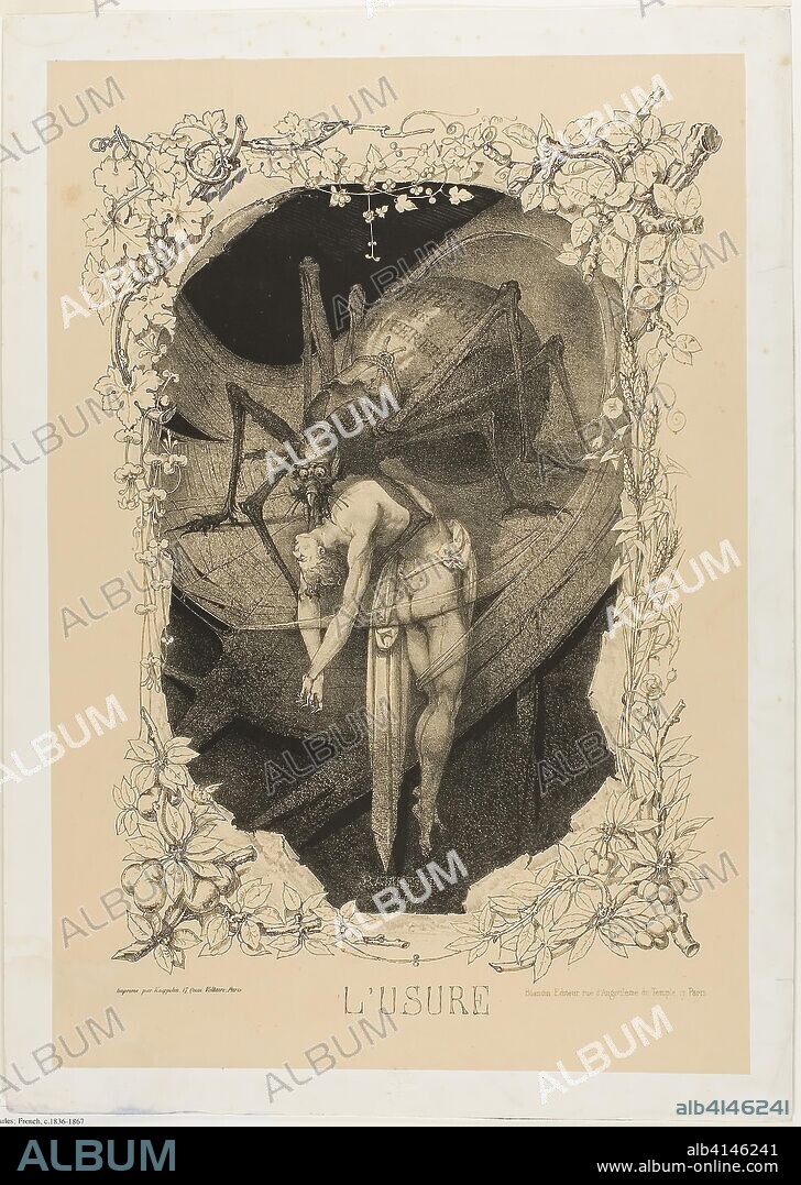 Usury. Charles Rambert; French, c. 1836-1867. Date: 1851. Dimensions: 446 × 307 mm (image); 489 × 347 mm (sheet). Zincograph in black on tan wove paper, laid down on ivory wove paper. Origin: France.