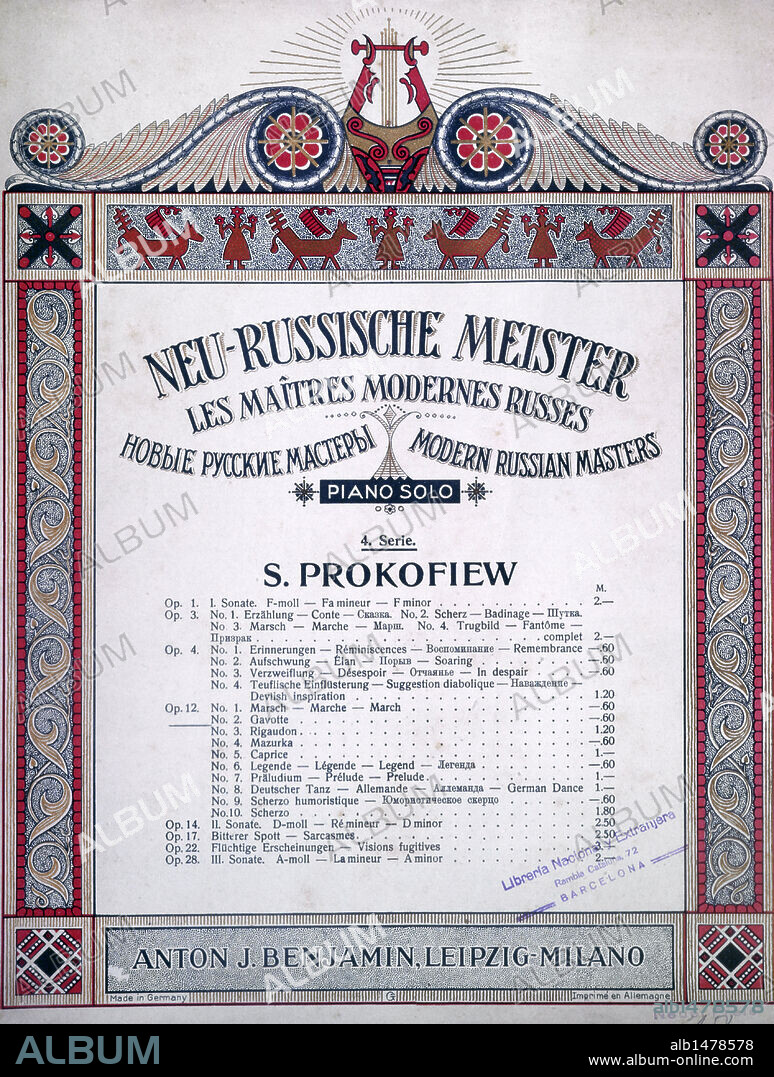 Obras de Serguei Sergueievich Proköfiev (Sontsovka, 1891-Moscú, 1953). Compositor y pianista ruso. Serie "Los maestros modernos rusos", editada en Alemania en 1925.