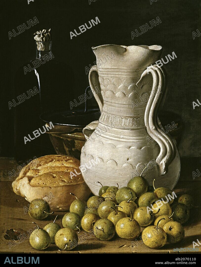 LUIS MELÉNDEZ. Luis Egidio Meléndez / 'Still Life with Small Pears, Bread, White Pitcher, Glass Bottle, and Earthenware Bowl', 1760, Spanish School, Oil on canvas, 47,8 cm x 34,6 cm, P00912.