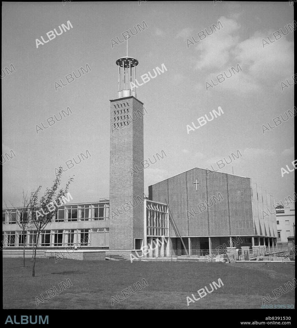 MARY W PARRY. Trinity Congregational Church, East India Dock Road, Lansbury Estate, Tower Hamlets, Greater London Authority, 1951. View from the west of Trinity Congregational Church and Hall, now Trinity Methodist Church. Trinity Congregational Church (later Trinity Methodist Church), was built in 1950-51 by Cecil Handisyde and D Rogers Stark. The building was part of the 'Live' Architecture exhibition at the Festival of Britain in 1951.