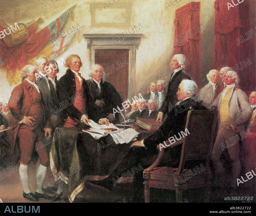 Roger Sherman and Robert Livingston along with Adams, Jefferson, and Franklin present the Declaration of Independence to John Hancock, the president of congress, and Charles Tonson, the secretary.