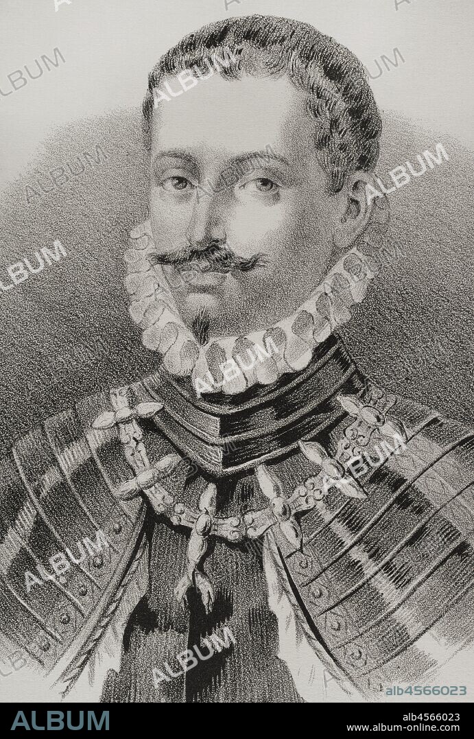 Don Juan de Austria (1545/47-1578). Hijo ilegítimo del rey Carlos I de España y V del Sacro Imperio Romano Germánico y de Bárbara Blomerg. Miembro de la Familia Real Española, militar y diplomático durante el reinado de su hermano Felipe II. Dibujo por Llanta. Detalle. Litografía. Crónica General de España, Historia Ilustrada y Descriptiva de sus Provincias. Aragón, 1866. Biblioteca Histórico Militar de Barcelona, Cataluña, España.