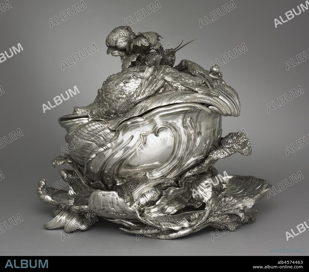 Covered Tureen on Stand (Pot-à-oille couvert), 1735-38. Designed by one of Louis XV?s official architects, this tureen exemplifies the French rococo style, an artistic movement celebrating naturalistic forms that developed in Paris during the early 1700s. In contrast to classical, controlled symmetry, rococo forms morph, twist, and spill into the space around them. Meissonnier embellished this tureen in a picturesque arrangement of vegetables and creatures, transforming a utilitarian object into a decadent display of wealth and abundance. This masterpiece comes from a set of two tureens commissioned by the English Duke of Kingston during an extended stay in Paris in the 1730s. Today the second tureen is in a private collection.