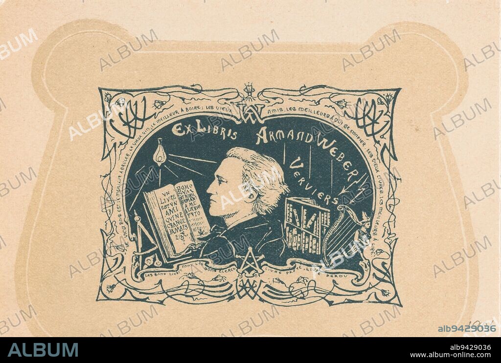 Ex libris of Armand Weber, Portrait of the Belgian optician, bibliographer, lithographer and collector Armand Weber of Verviers. Around the portrait an open book, a bookcase, a light bulb, a harp and a compass. In a frame with text in French., print maker: anonymous, 1901, paper, height 97 mm × width 138 mm.