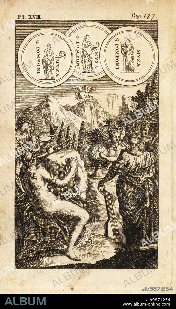 The nine Greek Muses with their symbols. Calliope, epic poetry, Clio, history, Erato, love poetry, Euterpe with lute, music, Melpomene with mask, tragedy, Polyhymnia, sacred poetry. Terpsichore, dance, Thalia, comedy. Urania with globe, astronomy. Copperplate engraving from Andrew Tookes The Pantheon, Representing the Fabulous Histories of the Heathen Gods, London, 1757.