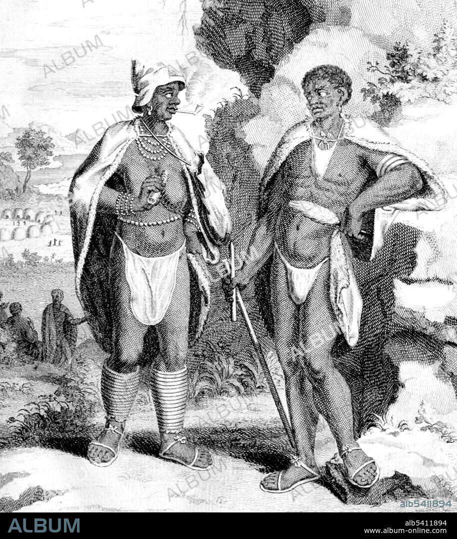 Kleding der Hottentotten (Clothing of Hottentots). The Khoikhoi are the traditionally nomadic pastoralist non-Bantu indigenous population of southwestern Africa. Peter Kolbe (1675-1726) was a Dutch astronomer and naturalist. He is best remembered for his publication Naauwkeurige beschryving van de Kaap de Goede Hoop, describing the geography, climate, flora and fauna, followed by an accurate study of the Hottentots (Khoikhoi), covering their language, religion, lifestyle and customs. Cropped, original sized image appeared in: Naauwkeurige beschryving van de Kaap de Goede Hoop by Peter Kolbe, 1727.