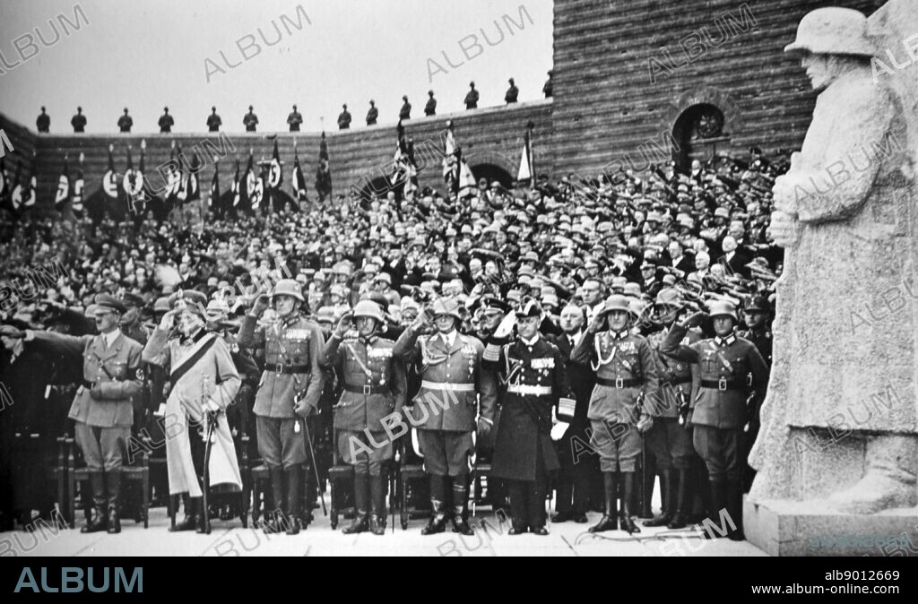 Funeral of President Paul Von Hindenburg (1847 2 August 1934) Prussian-German field marshal, statesman, and politician. Hitler is seen with Field Marshall Von Mackensen and war minister General Blomberg.