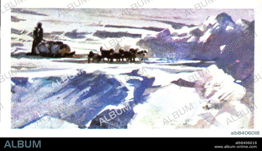 from a series of cards for Brooke Bond Tea; 1973; "Adventurers & Explorers", illustrated by John ; depicting illustrated colour image of Walter William Herbert (1934-2007), British; colour illustration of Wally Herbert crossing the Arctic ice cap (A series of 50 cards, no. 46).