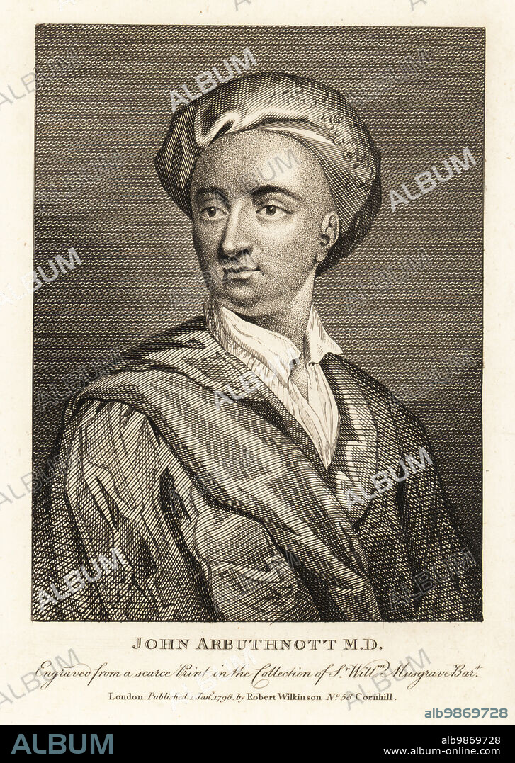 John Arbuthnot FRS, Scottish physician, satirist and polymath, 1667-1735. John Arbuthnott M.D. Engraved from a scarce print in the collection of Sir William Musgrave after a portrait by Godfrey Kneller. Copperplate engraving from John Smiths Iconographia Scotica, or portraits of illustrious persons of Scotland, Robert Wilkinson, 58 Cornhill, London, 1798.