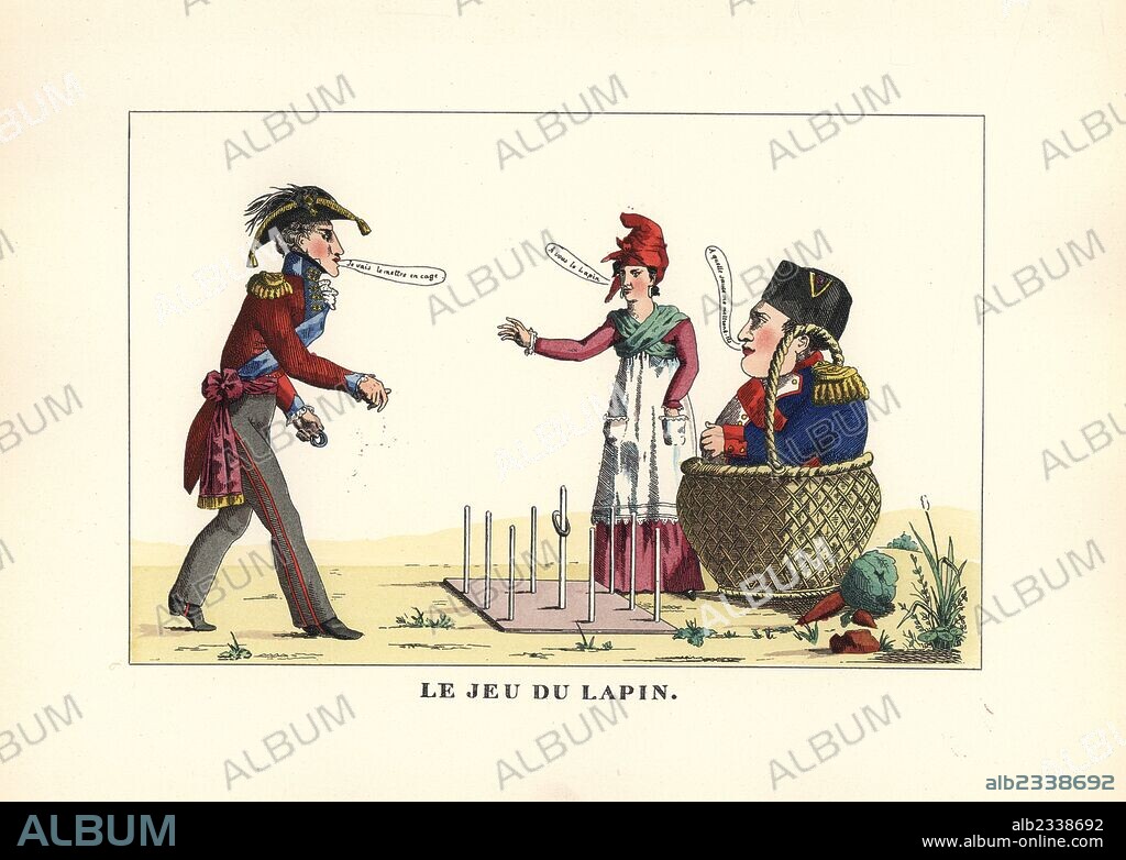 The fairground game of quoits or hoopla, jeu du lapin, 1815. Satirical print by showing the Duke of Wellington winning Napoleon Bonaparte as the prize. Handcoloured lithograph from Henry Rene Allemagne's Sports and Games of Skill (Sports et Jeux d'Adresse), Librairie Hachette, Paris, 1903.