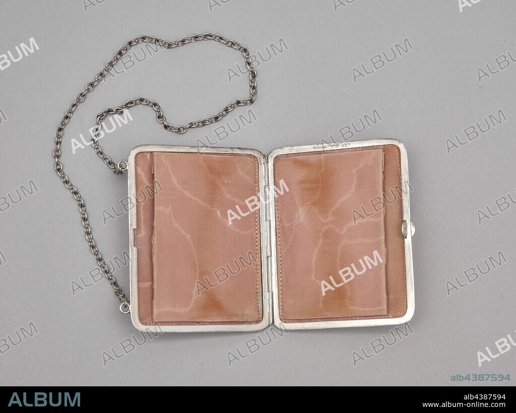 card case with chain, R. Blackinton & Company, Manufacturer (American), about 1890, silver, moire interior, card case: 3-7/8 x 3-1/8 x 5/8 in. chain length: 18 in., Inscribed, interior of card case, rim: STERLING [sword through a B] 357, Scratched, interior of card case, side rim near hinge: A V M Y [?], Decorative Arts.