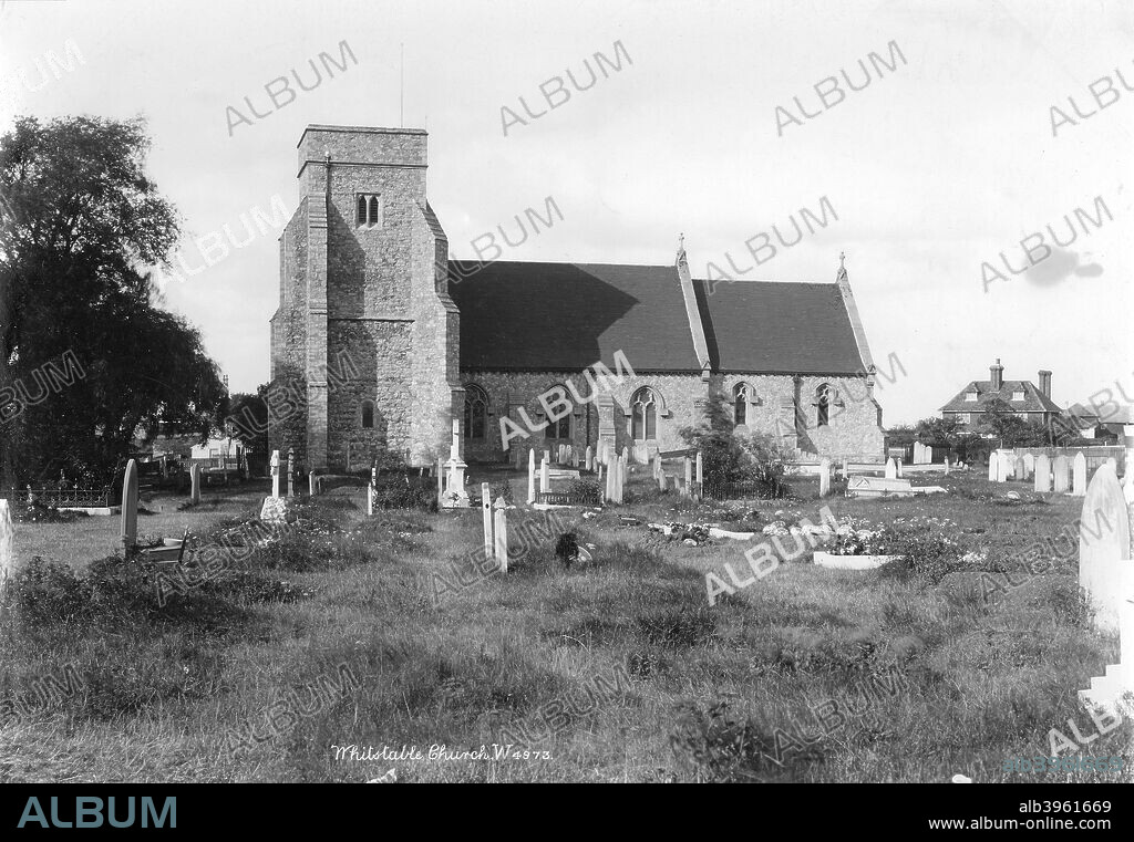 All Saints' Church, Whitstable, Kent, 1890-1910. The Church of All Saints in Church Street, as viewed from the south with the churchyard in the foreground. The church (except the tower and parts of the interior) was rebuilt in 1875-1876 by Charles Barry Junior.
