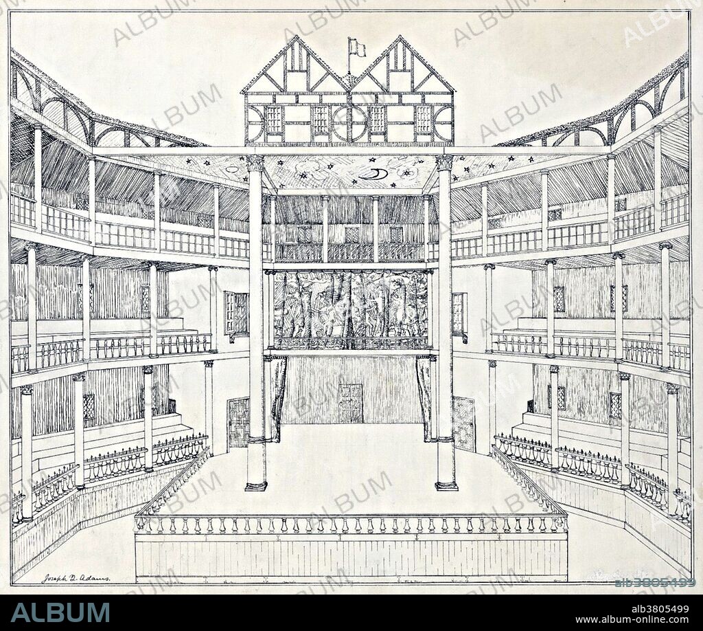 Entitled: "Shakespeare's Globe Theatre, reconstruction by Joseph Q. Adams, late 19th or early 20th century." The Globe was owned by actors who were also shareholders in Lord Chamberlain's Men. The Lord Chamberlain's Men was a playing company for whom Shakespeare wrote for most of his career. The Globe was built in 1599 using timber from an earlier theater, The Theatre, which had been built by Richard Burbage's father, James Burbage, in Shoreditch. The material was ferried over the Thames to reconstruct it as The Globe on some marshy gardens to the south of Maiden Lane, Southwark. On June 29, 1613 the Globe Theatre went up in flames during a performance of Henry VIII. A theatrical cannon, set off during the performance, misfired, igniting the wooden beams and thatching. It was rebuilt in the following year. Like all the other theaters in London, the Globe was closed down by the Puritans in 1642. It was pulled down in 1644, or slightly later. The Globe's actual dimensions are unknown, but its shape and size can be approximated from scholarly inquiry over the last two centuries. The evidence suggests that it was a three-story, open-air amphitheater approximately 100 feet in diameter that could house up to 3,000 spectators.