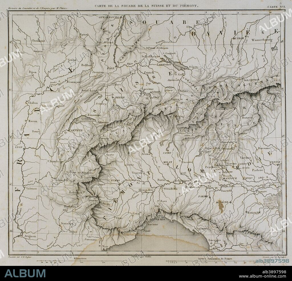 Lámina con mapa de Suabia (Suroeste Alemania), Suiza y del Piamonte (Norte Italia). Historia del Consulado y del Imperio de Napoleón (Atlas de l'Histoire du Consulat et de l'Empire). Obra de Marie Joseph Louis Adolphe Thiers (1797-1877). Dibujos realizados por Dufour y grabados por Dyonnet. Editado en París, 1864. Biblioteca Histórico Militar de Barcelona. Cataluña, España.