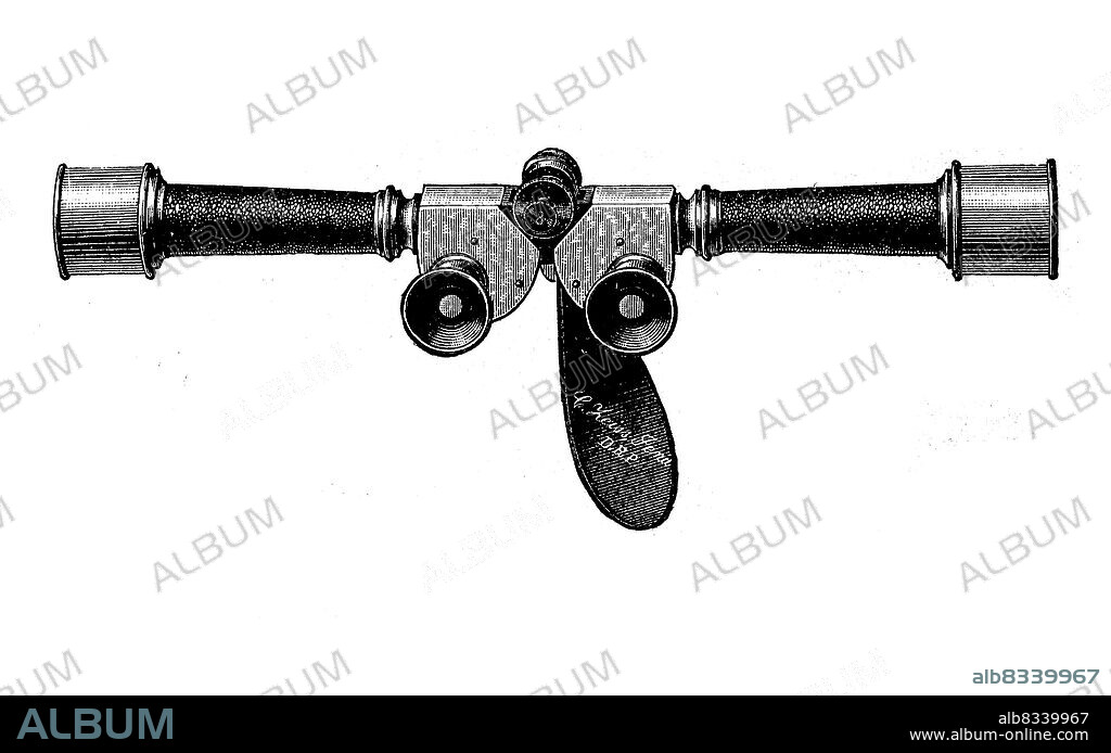 Relieffernrohr oder Scherenfernrohr in gestreckter Stellung, Art eines Telestereoskops, eines binokularen Fernrohr / Relief telescope or scissors telescope in stretched position, type of telescope, binocular telescope, Historisch, historical, digital improved reproduction of an original from the 19th century / digital restaurierte Reproduktion einer Originalvorlage aus dem 19. Jahrhundert, genaues Originaldatum nicht bekannt.