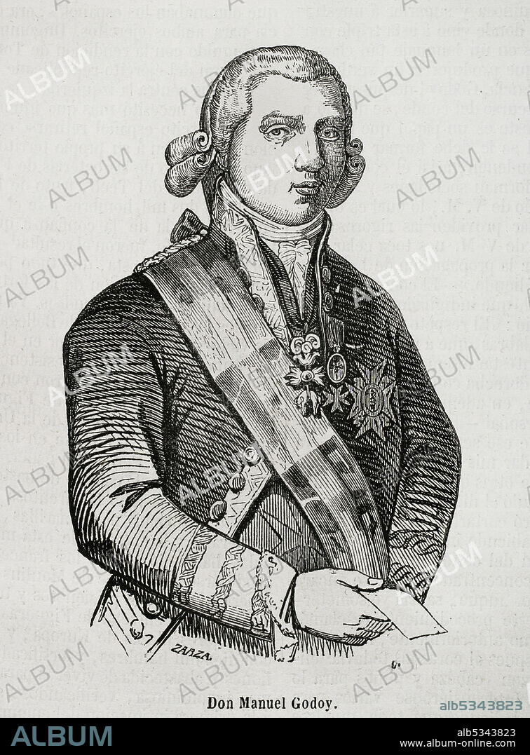 EUSEBIO ZARZA (1842-1881). SPANISH ARTIST.. Manuel de Godoy y Alvarez de Faria (1767-1851). Spanish politician. First Secretary of State of Spain from 1792 to 1797. "Prince of Peace" and favourite of Charles IV and Queen Maria Luisa. Illustration by Zarza. Portrait. Engraving. Historia General de España by Father Mariana. Madrid, 1853.