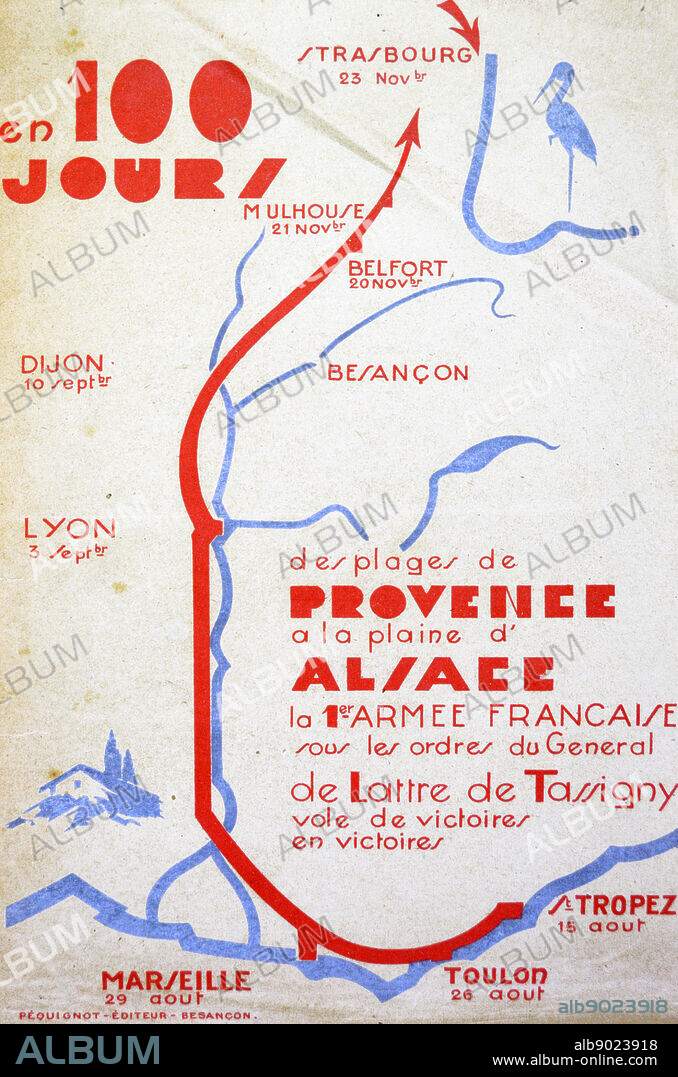 Map showing the victorious route of Jean Joseph Marie Gabriel de Lattre de Tassigny, ( 1889 1952). He was a French military hero of World War During December 1944, the attempts to take Colmar were unsuccessful. De Lattre was able to collapse the pocket in January and February 1945 after the successful defence of Strasbourg, which was defended on the north by American troops and the French 3rd DIA and on the south by the French.