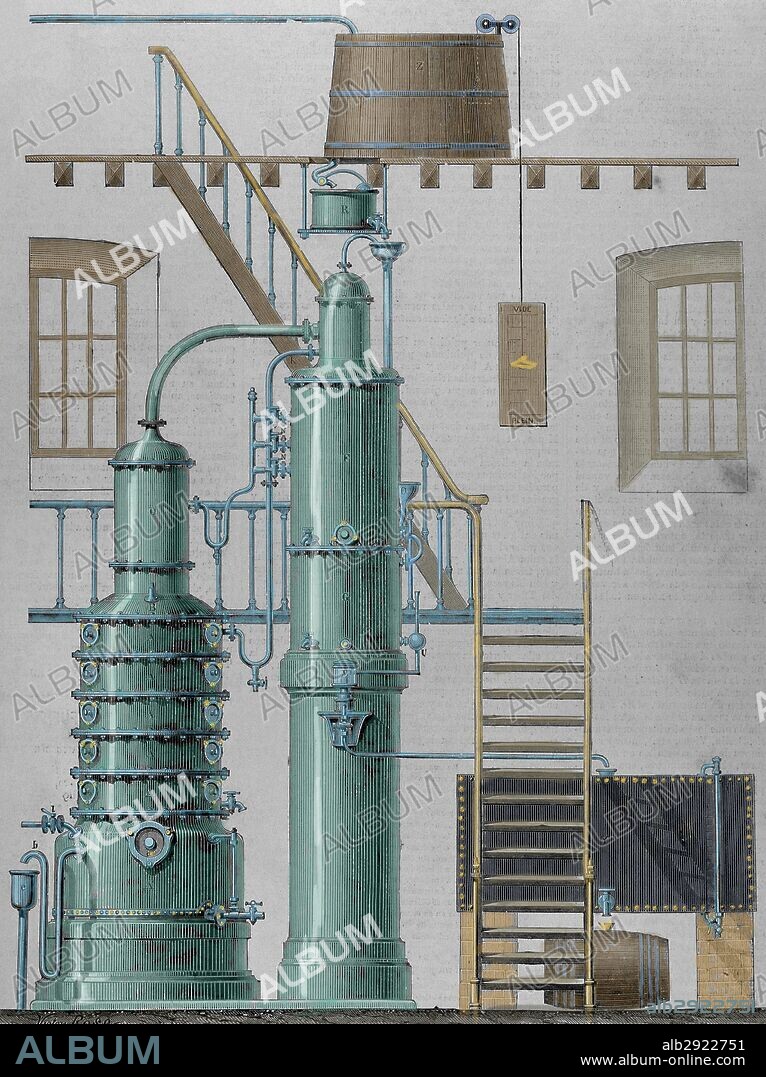 APARATO EGROT para destilación de aguardientes. Alambique para destilar de acción continua. "Medalla de oro" en la Exposición Universal de París de 1878. Grabado por Victor Rose. "La Ilustración Española y Americana", año 1897. Coloreado.