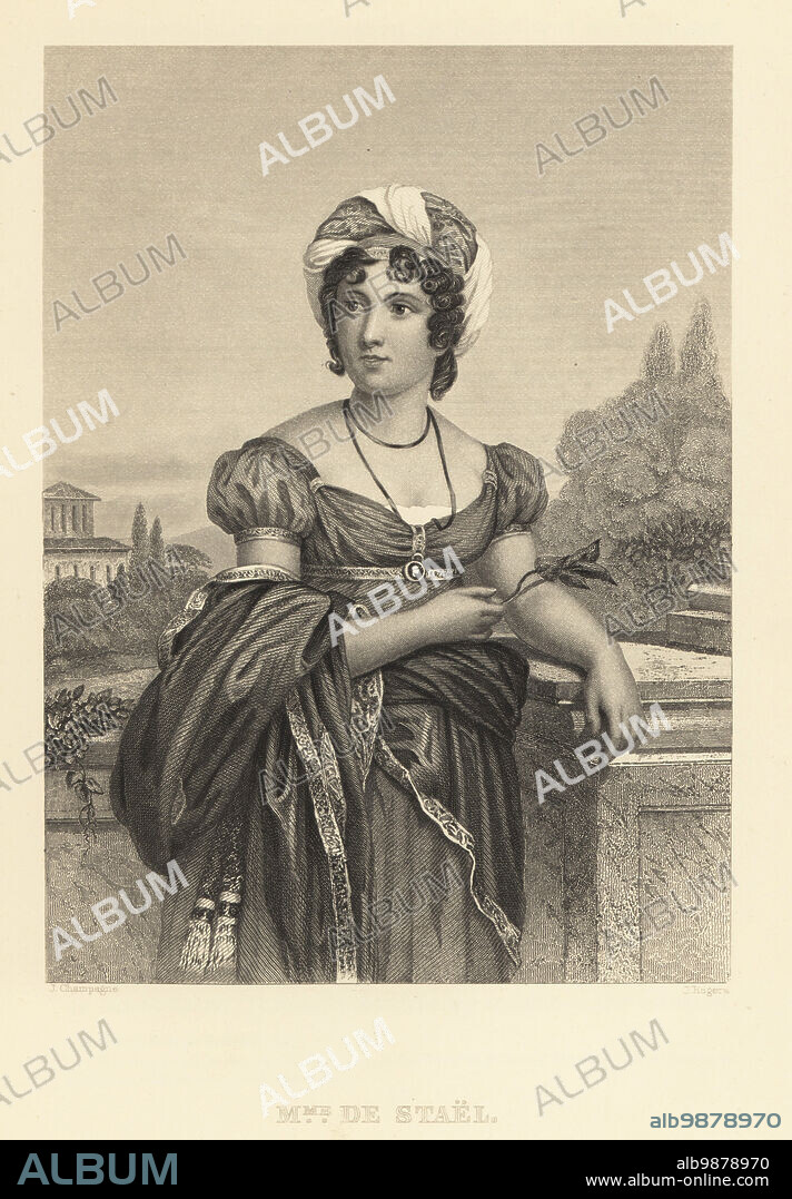 Madame de Stael, Anne Louise Germaine de Staël-Holstein, Genevan and French woman of letters and political theorist, and leading salonnière, 1766-1817. After a painting by François Gérard. Steel engraving by John Rogers after an illustration by Jules Champagne from Frank B. Goodrichs The Court of Napoleon or Society under the First Empire, J. B. Lippincott, Philadelphia, 1875.