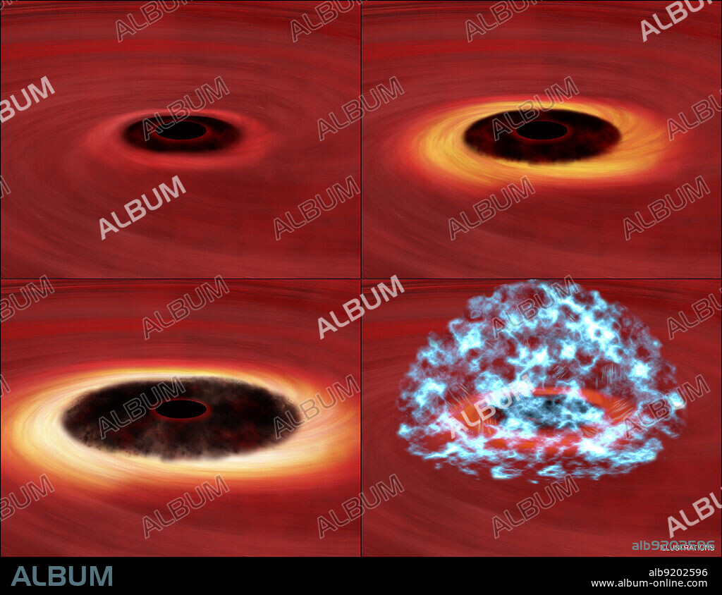 This sequence of four illustrations shows the black hole in GRS 1915 and the inner part of the disk surrounding it. The first three illustrations show material in the inner disk being pushed away from the black hole by radiation pressure. The disk gets increasingly brighter and hotter in these three illustrations until it disintegrates, as shown in the fourth illustration. The inner part of the disk then refills from material farther away from the black hole and the cycle begins again.