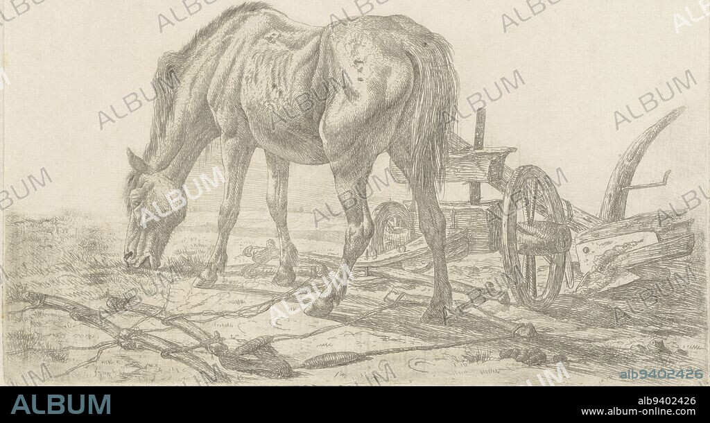 A harnessed horse is grazing near a plow. In front on the right are some horse figs., Strained horse near a plow, print maker: Abraham Hendrik Winter, Utrecht, 1815 - 1860, paper, etching, h 172 mm × w 224 mm.
