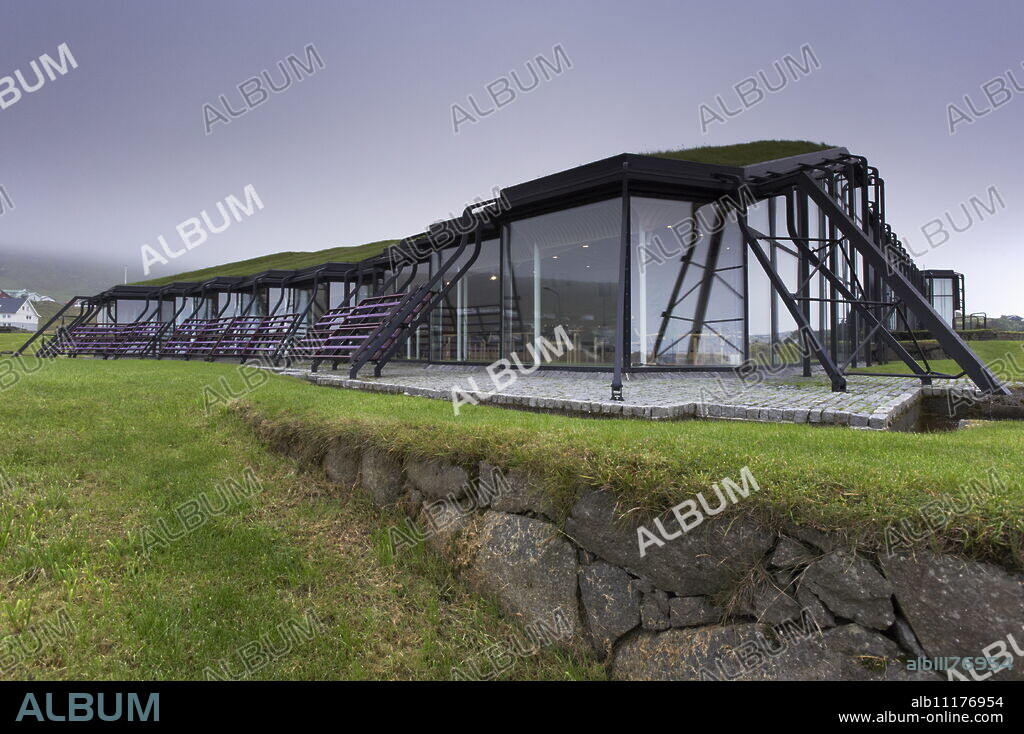 Nordic House, exteriors and turf covered roof, Torshavn, Streymoy, Faroe Islands (Faroes), Denmark, Europe.