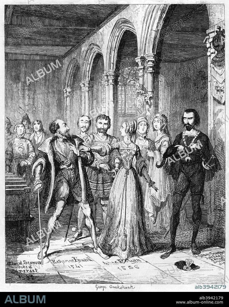 Queen Jane interposing between Northumberland and Simon Renard, 1553 (1840). Lady Jane Grey intervening in an argument between the Duke of Northumberland and the Ambassador of Charles V, the Holy Roman Emperor. A grandniece of Henry VIII, Lady Jane Grey was proclaimed queen on Edward VI's death in 1553 in an attempt to secure a Protestant succession. Only a few days later Henry's eldest daughter, the Catholic Mary Tudor, claimed the throne. Jane was deposed and imprisoned in the Tower of London. She was executed for high treason, at the age of 16, on Tower Hill on 12th February 1554. The Duke of Northumberland, the architect and principal supporter of Jane's claim to the throne, was also executed. A print from The Tower of London a Historical Romance, by William Harrison Ainsworth. (London, 1840).