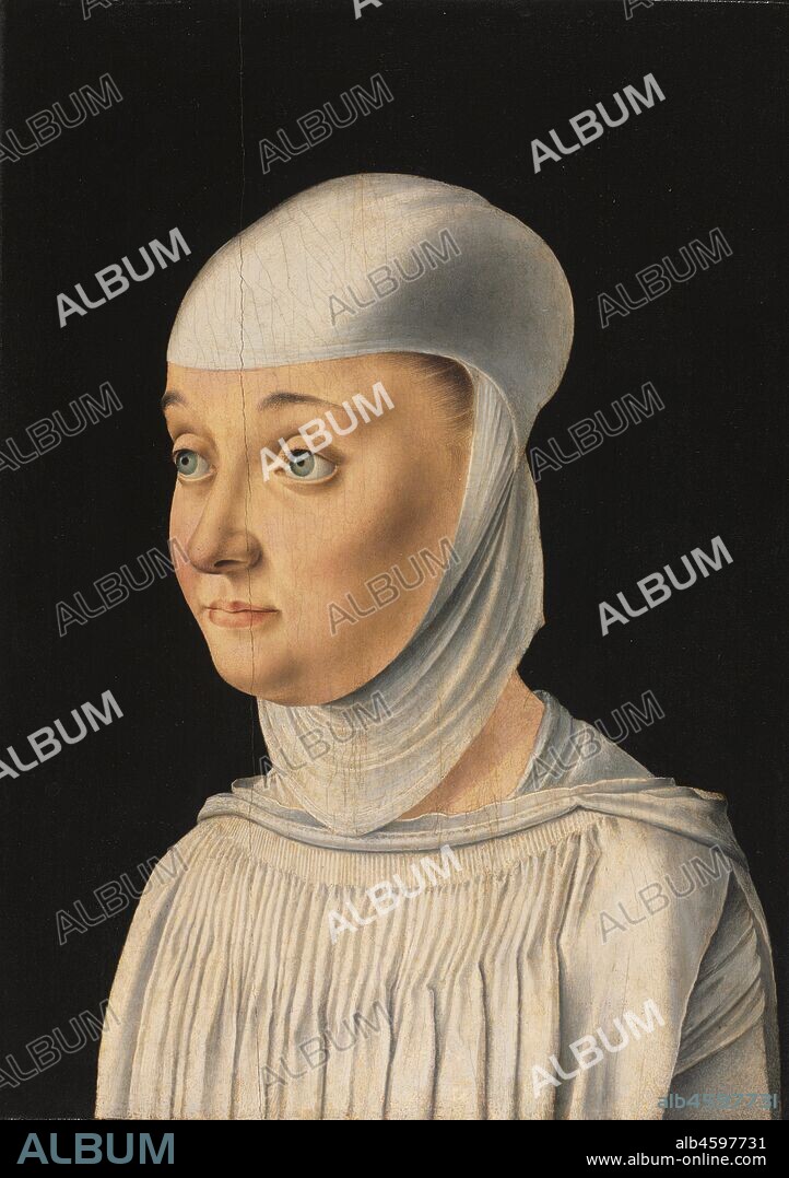Portrait of a Woman, Possibly a Novice of San Secondo, c. 1490. Despite the distinctive costume, the young woman?s identity remains in doubt. Her headgear may be secular, while others connect it to a Benedictine or Franciscan order of nuns. Venetian portraits of the late 1400s often presented young woman in saintly guises, underscoring the Renaissance idea that portraits should display virtues more than the sitter?s actual character.