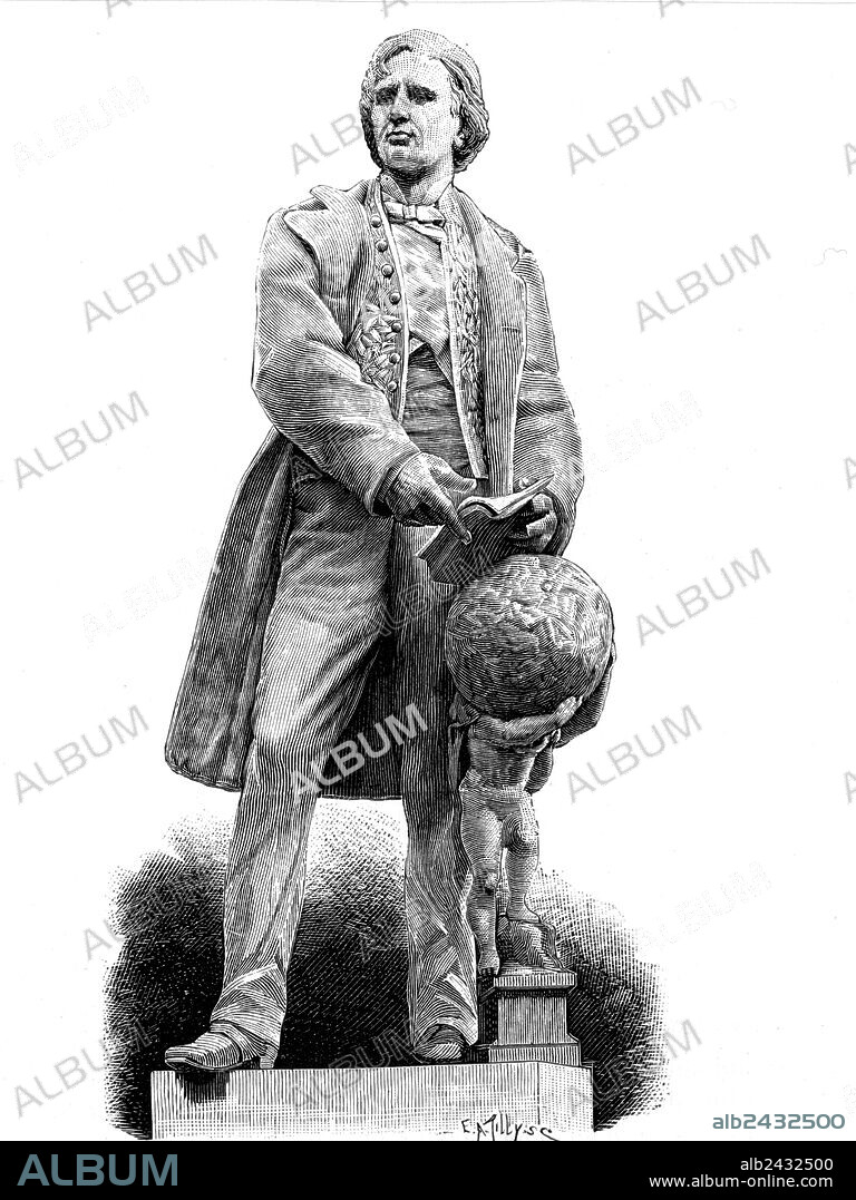 statue of French astronomer Urbain Jean Joseph Le Verrier (1811-1877) , engraving 19th century.