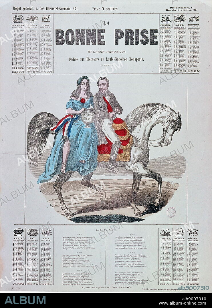 1848, Election propaganda poster depicting Napoleon III, Louis-Napoleon Bonaparte (1808 - 1873), President of France from 1848 to 1852; Emperor of the French from 1852 to 1870. He was the only president of the French Second Republic and the head of the Second French Empire. The nephew and heir of Napoleon I, he was the first Head of State of France to hold the title of President.