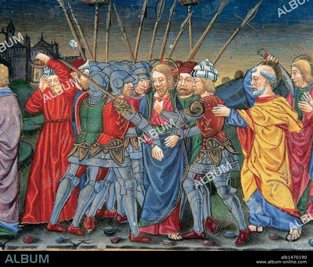 Simon Peter (Saint Peter) defends Jesus with a sword and hit a soldier but Jesus calls to lay down the sword. Codex of Predis (1476). Royal Library. Turin. Italy.