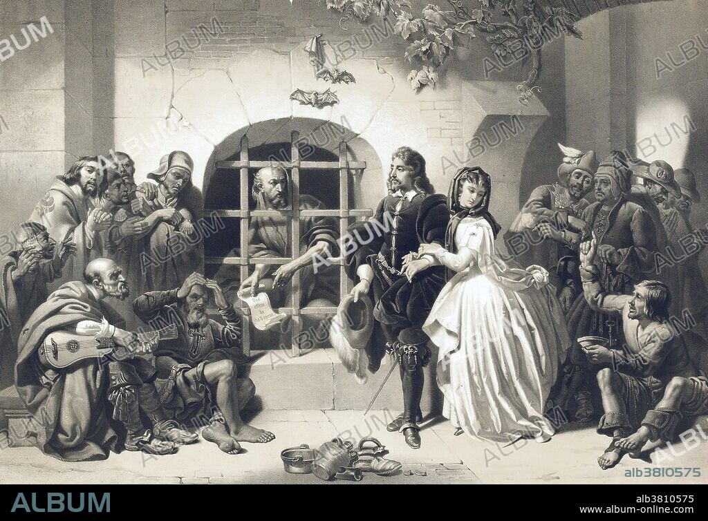 Salomon de Caus incarcerated in the mental asylum of Bicetre. Lithograph from 1845 by Jacques Joseph Lecurieuxafter Lafosse. Salomon de Caus (1576 - 1626) was a French Huguenot engineer, once (falsely) credited with the development of the steam engine. He worked as an hydraulic engineer and architect under Louis XIII. Caus also designed gardens in England, that of Somerset House among them. Being a Huguenot, Caus spent his life moving across Europe to escape persecution. In its history, Bicetre Hospital was used successively and simultaneously as an orphanage, a prison, a lunatic asylum, and a hospital. Its most notorious guest was the Marquis de Sade. Its superintendent, Philippe Pinel, is credited as being the first to introduce humane methods into the treatment of the mentally ill, in 1793.