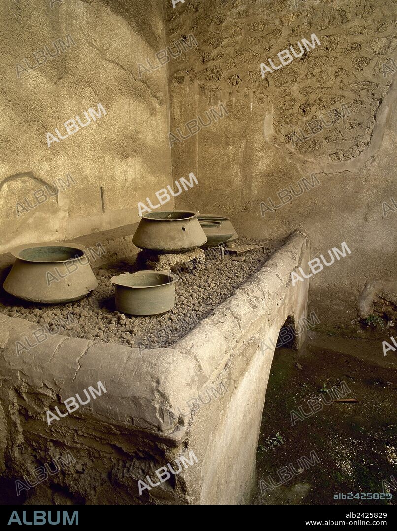 ARTE ROMANO. ITALIA. CASA DE LOS VETTI. DOMUS POMPEYANA perteneciente a dos ricos negociantes, Vettio Restitulo y Aulo Vettio Convivo (siglo I d. C.). Interior de una "CULINA" (COCINA). Sobre el hogar se advierte aún el trípode con el caldero. Debajo del fogón existe una abertura con arco para introducir la leña. POMPEYA. La Campania.