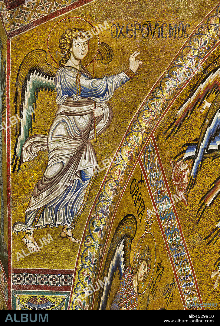 Monreale Cathedral, apse: Announcing Angel, Byzantine mosaic with a golden background in the tympanum of the apse. The mosaics of the Cathedral were made between the twelfth and mid-thirteenth century by partly local and partly Venetian workers, trained at the Byzantine school.