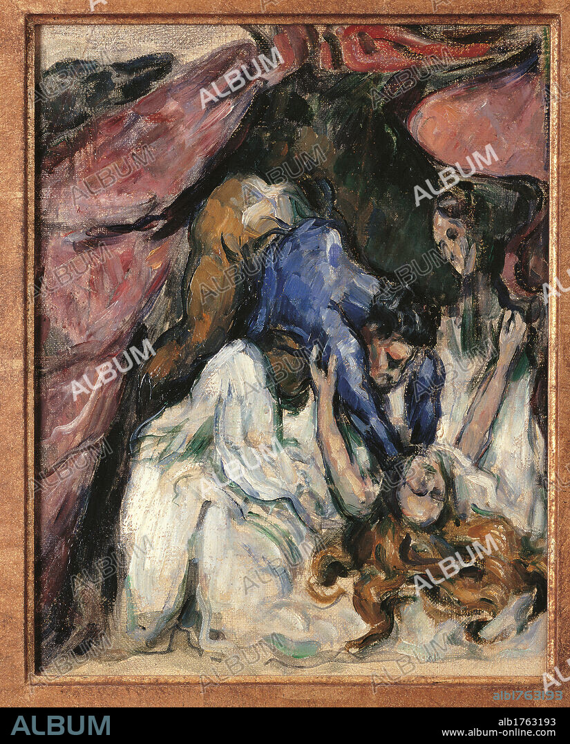 The Strangled Woman, by Paul Czanne, 1870-1872 about, 19th Century, oil on canvas, cm 31 x 25. France, Ile de France, Paris, Muse dOrsay, RF1973-11. All. Strangled young woman bed sheet man blue brown red hair white bedroom.