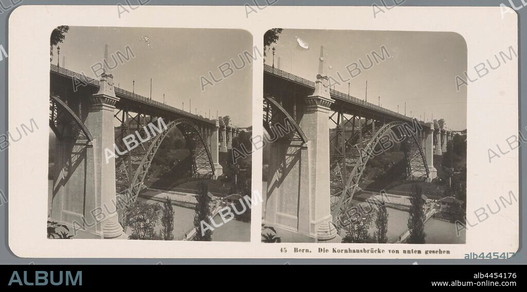 View of the Kornhaus bridge in Bern Bern. Die Kornhausbrücke von unten gesehen (title on object), bridge, Kornhausbrücke, Neue Photographische Gesellschaft (mentioned on object), Bern, 1906, cardboard, photographic paper, gelatin silver print, h 88 mm × w 179 mm.
