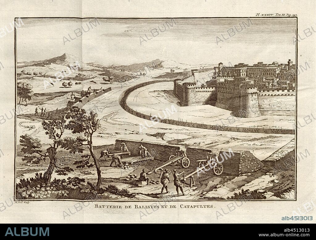 Batteries of ballists and catapults, Battery of ballists and catapults set up in front of a fortified city, signed., M. Pool sculp, Pl. XXXIV, Tom., II. Pag., 257, after p. 256, Pool, M. (sculp.), 1774, Polybius; Vincent Thuillier; Jean Charles de Folard: Histoire de Polybe. Tome 2; Amsterdam: Arkstée et Merkus, MDCCLXXIV [1774].