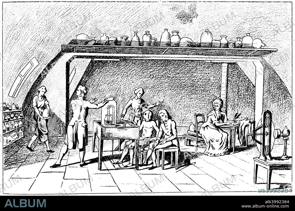 Antoine Laurent Lavoisier, 18th century French chemist, investigating respiration. Regarded as the founder of the modern science of chemistry, Lavoisier (1743-1794) discovered oxygen, the interchange of gases in the lungs, and proved that carbon dioxide and water are the normal products of breathing. Based on a picture by Madame Lavoisier (shown right) taking notes.