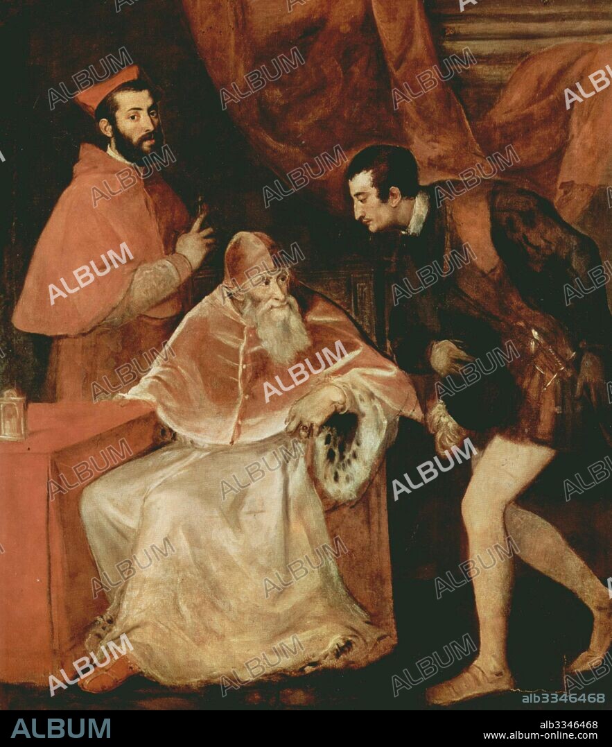 DIT TITIEN TIZIANO VECELLIO. Portrait of Paul III and his Nephews Alessandro and Ottavio Farnese.