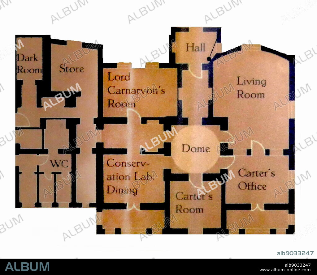 Floor plan of the home of the famous British Archaeologist Howard Carter whilst he stayed in the West bank near Luxor, during his digs in Egypt. Howard Carter House is noticeable by its domed roof and lush green gardens surrounding the property The house which is considered a Museum, is in its original form and the interior still homes all of the original tools, maps, old record player complete with records that Carter played at that time, antique original furnishings and a replica of the Tomb of Tutankhamen which Carter discovered.